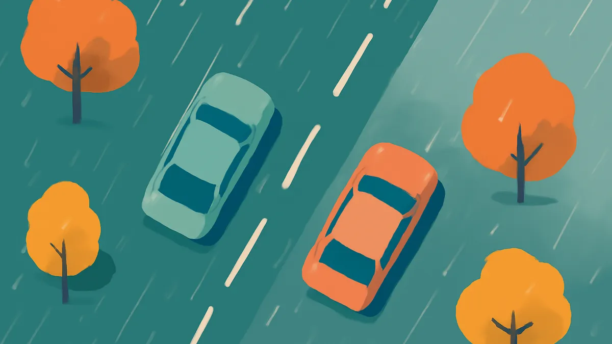 Two cars, one teal and one orange, drive on a dark teal road with white dashed lines, surrounded by orange trees