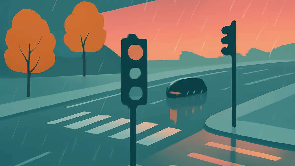 A car on a wet road at a crosswalk with a traffic light showing orange, under a rainy orange sky