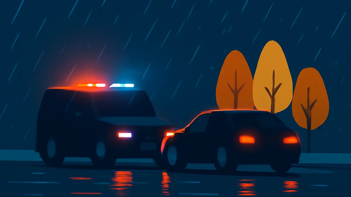 A police SUV with flashing lights and a dark sedan on a wet road at night with three trees in the background