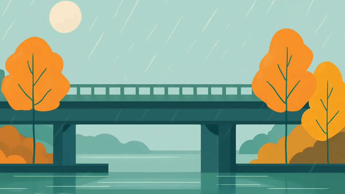 A bridge over a body of water with trees on either side, under a rainy sky with a sun