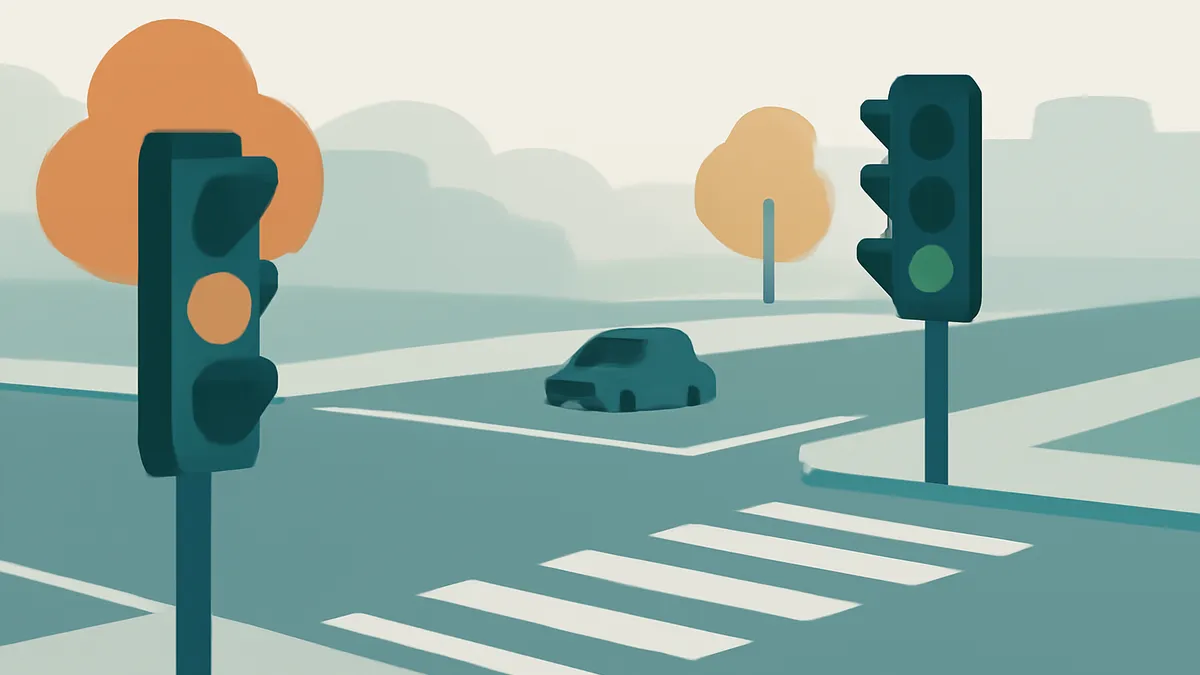 A teal car at a crosswalk with two traffic lights and orange trees in a flat, minimalist style