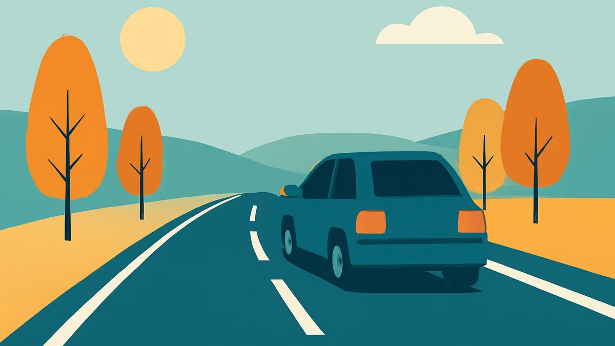 A blue car drives on a two-lane road with a yellow shoulder, past orange trees and green hills under a light blue sky