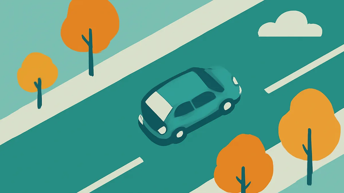 A teal car on a teal road with white lines, surrounded by orange trees and a white cloud in a teal sky