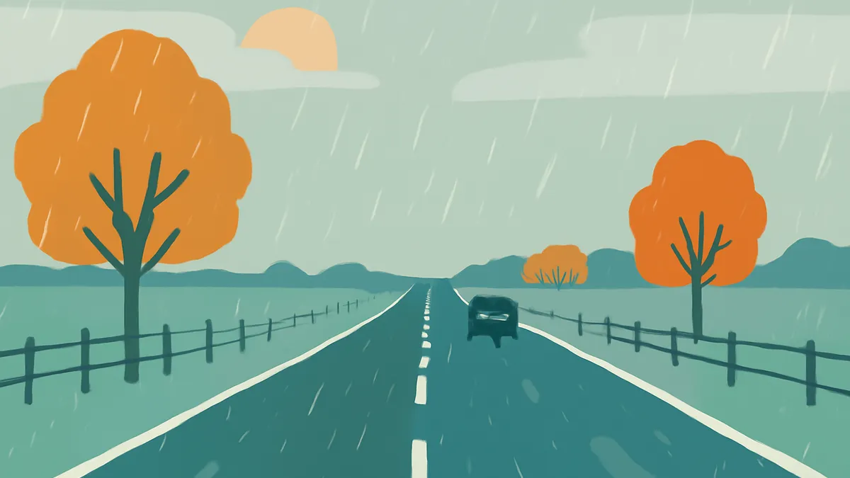 A car drives on a two-lane road in the rain, with orange trees and green hills under a pale sky