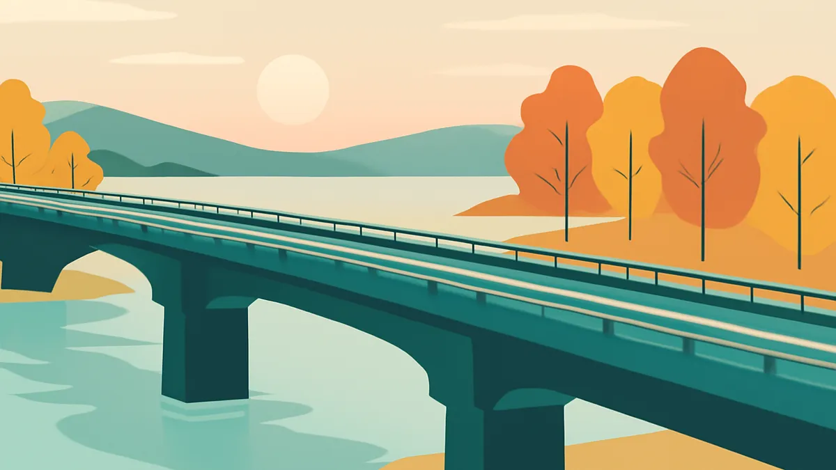 A bridge over a river with a sunset in the background and trees on the right side of the image