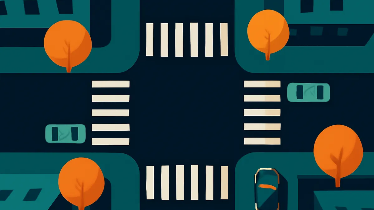 An overhead view of a city intersection with four crosswalks, four trees, and three cars in a flat, dark teal and orange