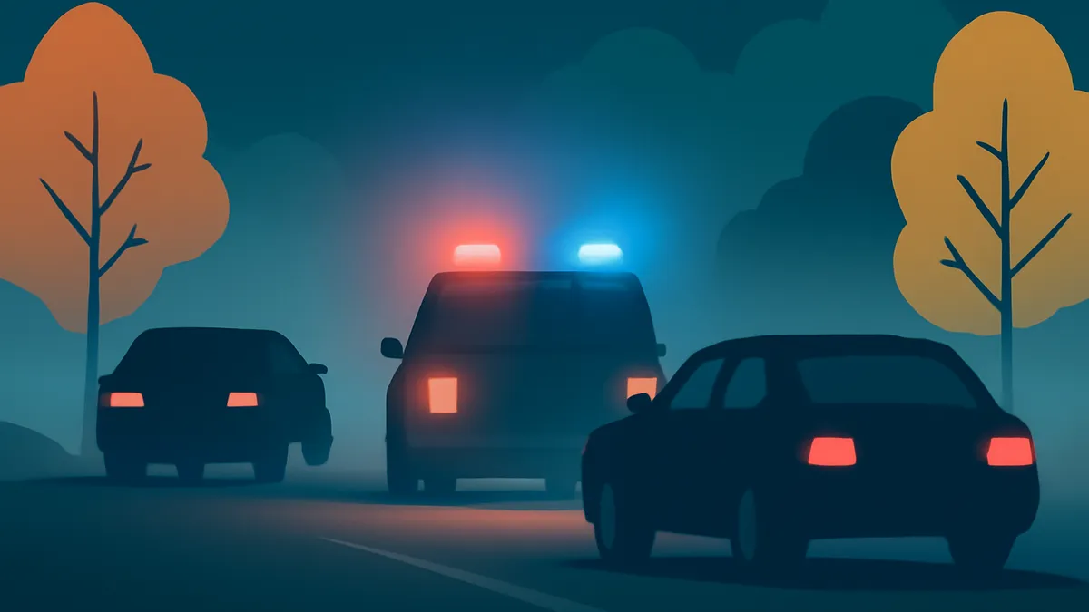 Three cars, one a police car with flashing lights, on a dark road with trees in the background