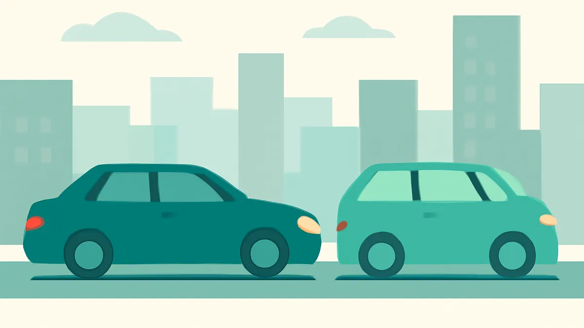 Two cars, one dark teal and one light teal, are parked side-by-side in front of a city skyline with clouds