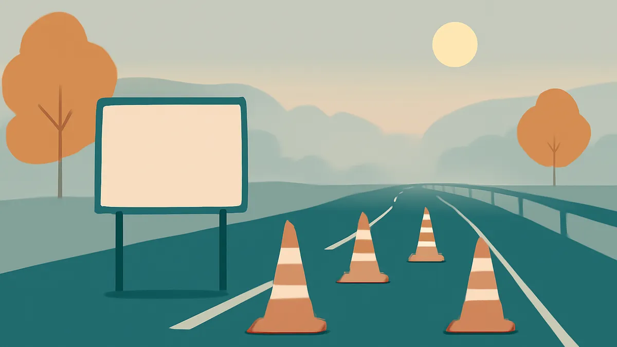 A highway with a blank billboard and three orange traffic cones, with trees and hills in the background