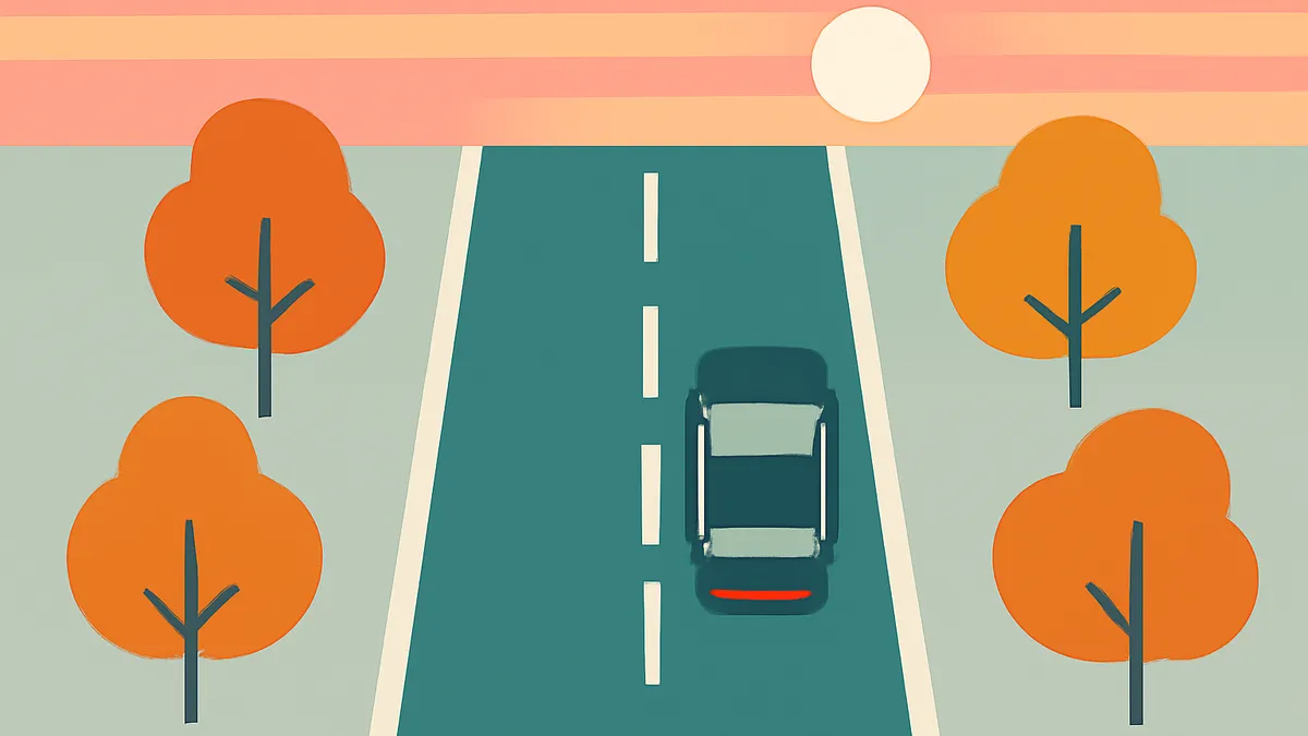 A dark car drives on a teal road with white dashed lines, flanked by orange trees under a striped sky with a white sun
