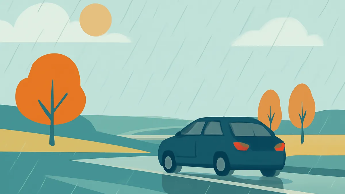 A dark blue car drives on a wet road under a light blue sky with rain, clouds, and a sun, with orange trees and green hills