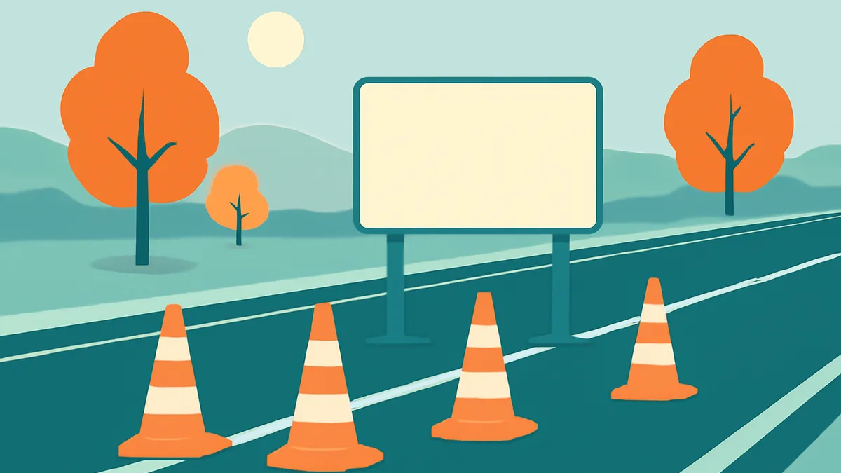 A highway scene with a blank billboard, four orange traffic cones, and trees under a pale sun