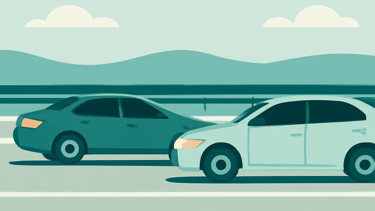 Two sedans driving on a multi-lane highway with mountains in the background under a cloudy sky