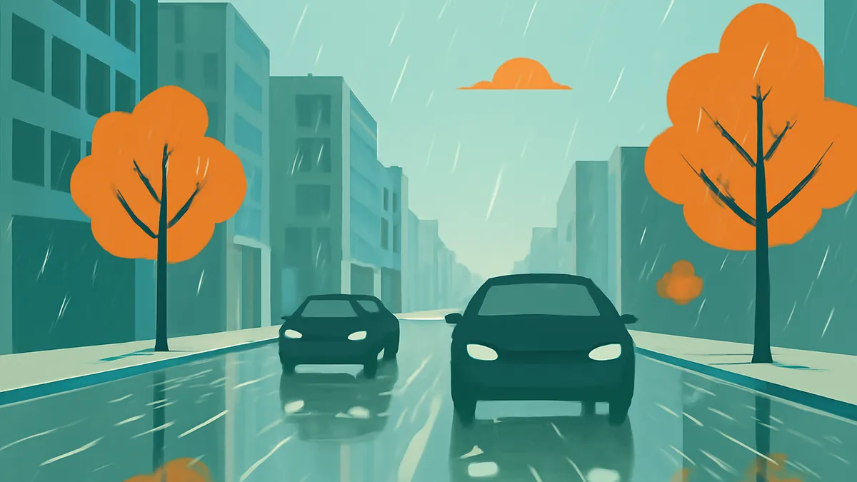 Two cars on a wet city street with buildings and orange trees under a rainy sky