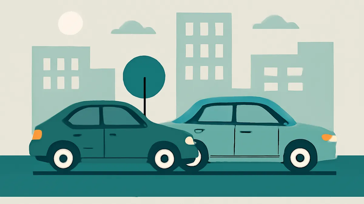 Two cars, one dark teal and one light teal, parked on a street in front of buildings and a tree