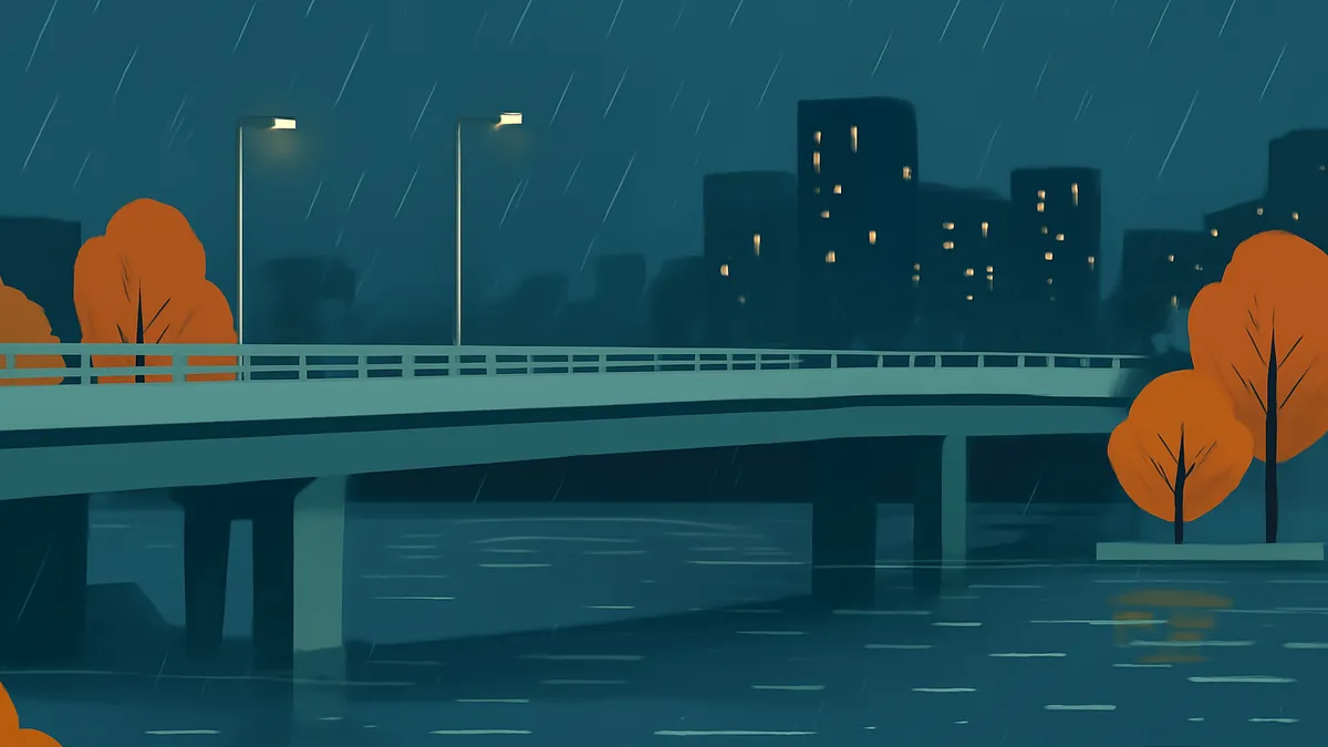 A bridge over a body of water with a city skyline in the background, all under a rainy night sky