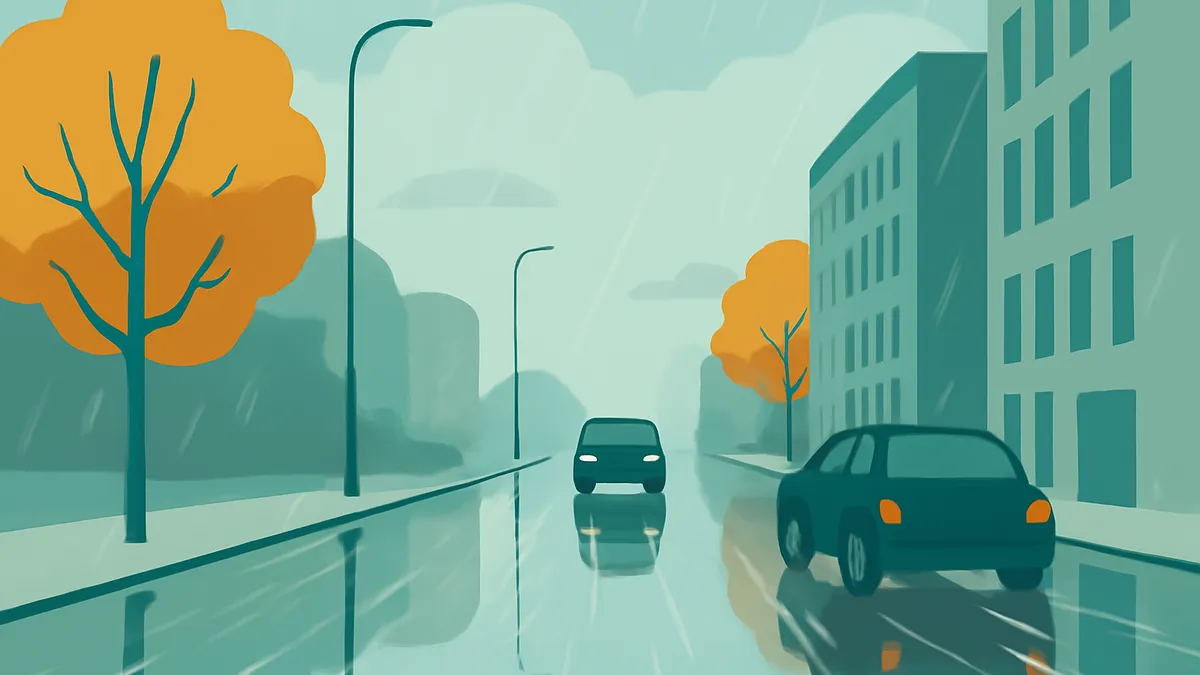 Two cars on a wet road in a city with buildings and trees under a cloudy sky, in a flat illustration style
