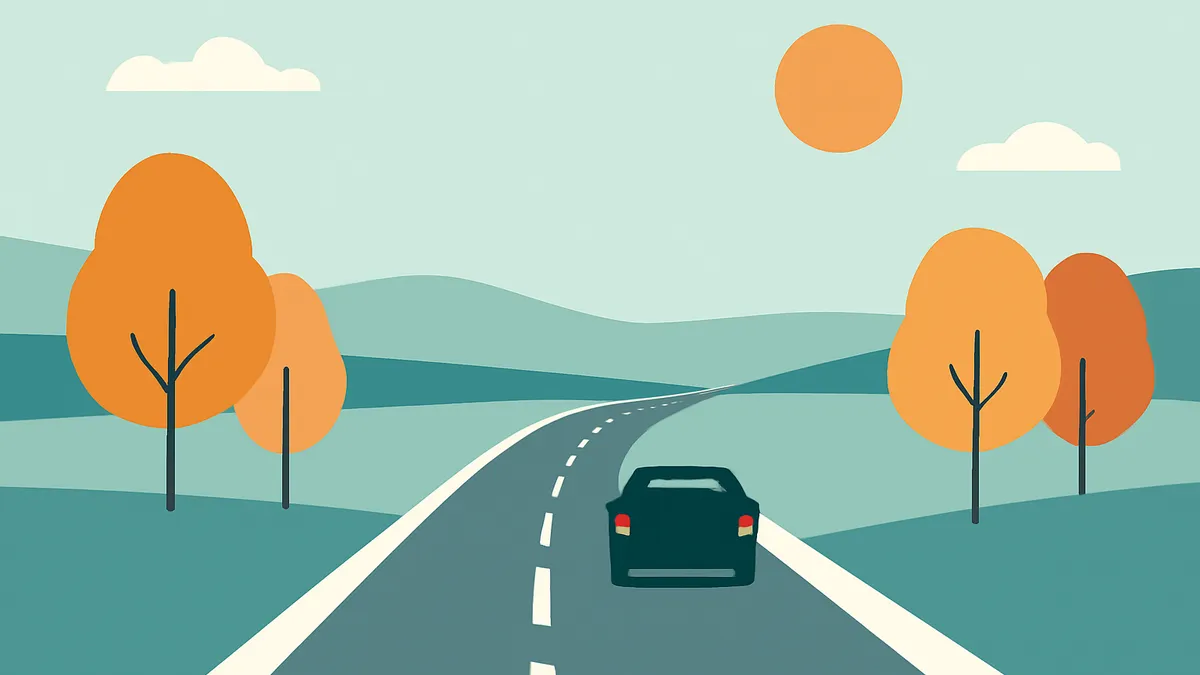 A black car drives away on a winding road through a landscape with orange trees and green hills under a light blue sky