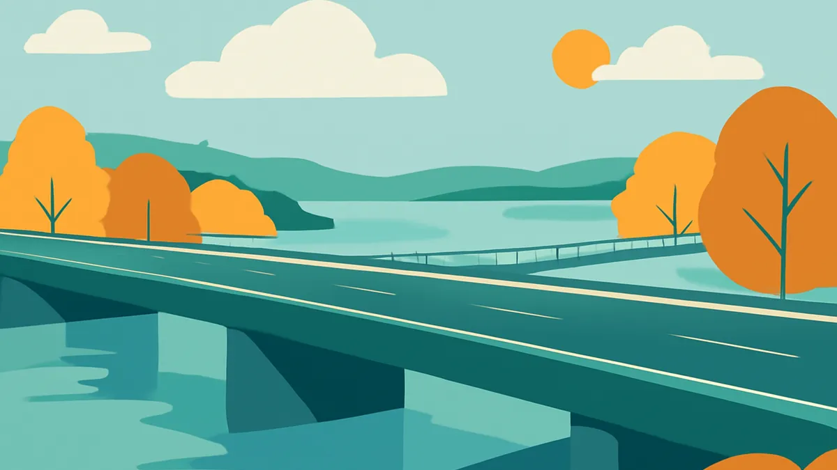 A highway bridge over a body of water with trees and mountains in the background under a sky with clouds and a sun