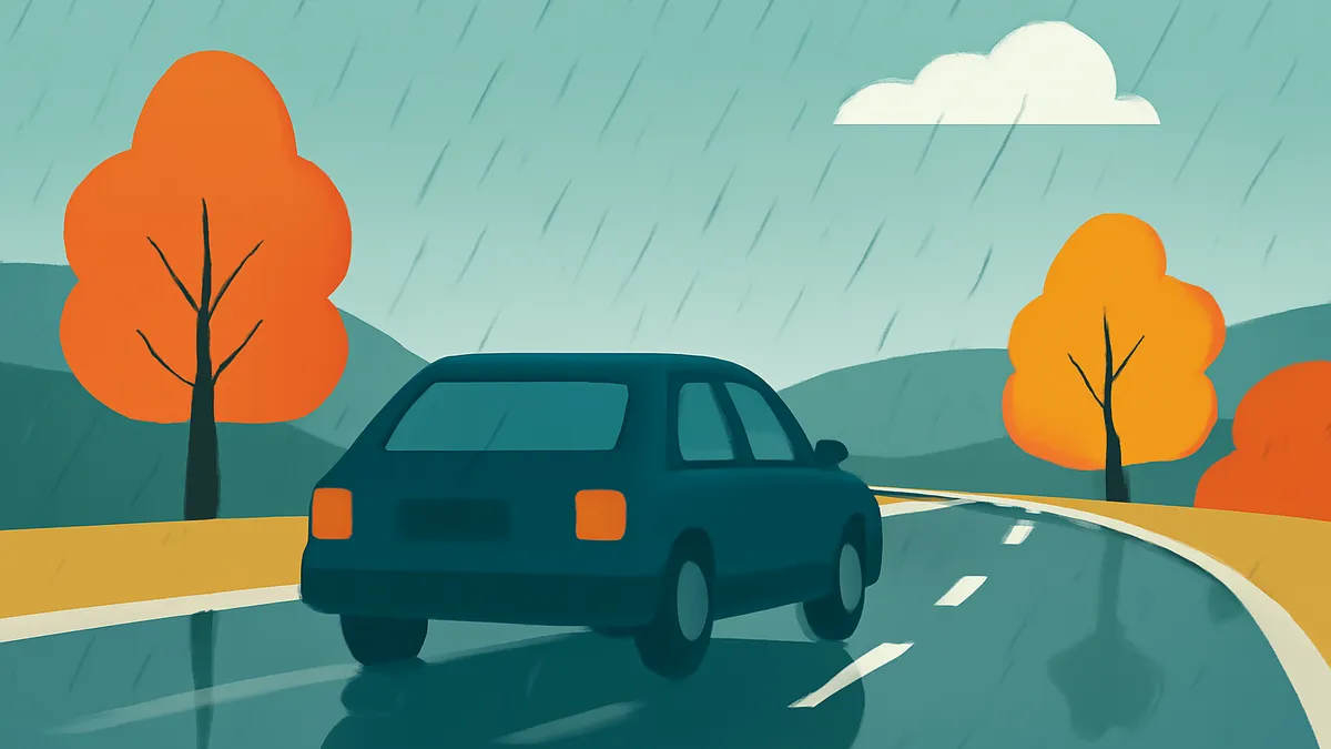 A dark blue car drives away on a wet road under a rainy sky with orange trees on the sides
