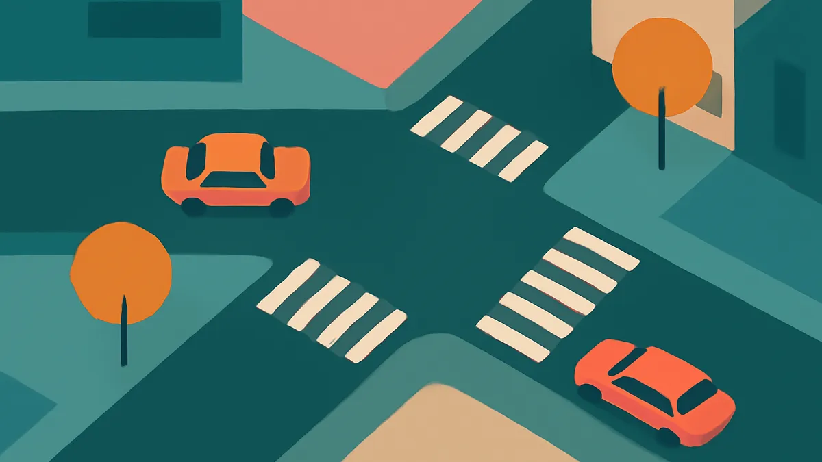 Two orange cars at an intersection with crosswalks and two trees, viewed from above in a flat, graphic style