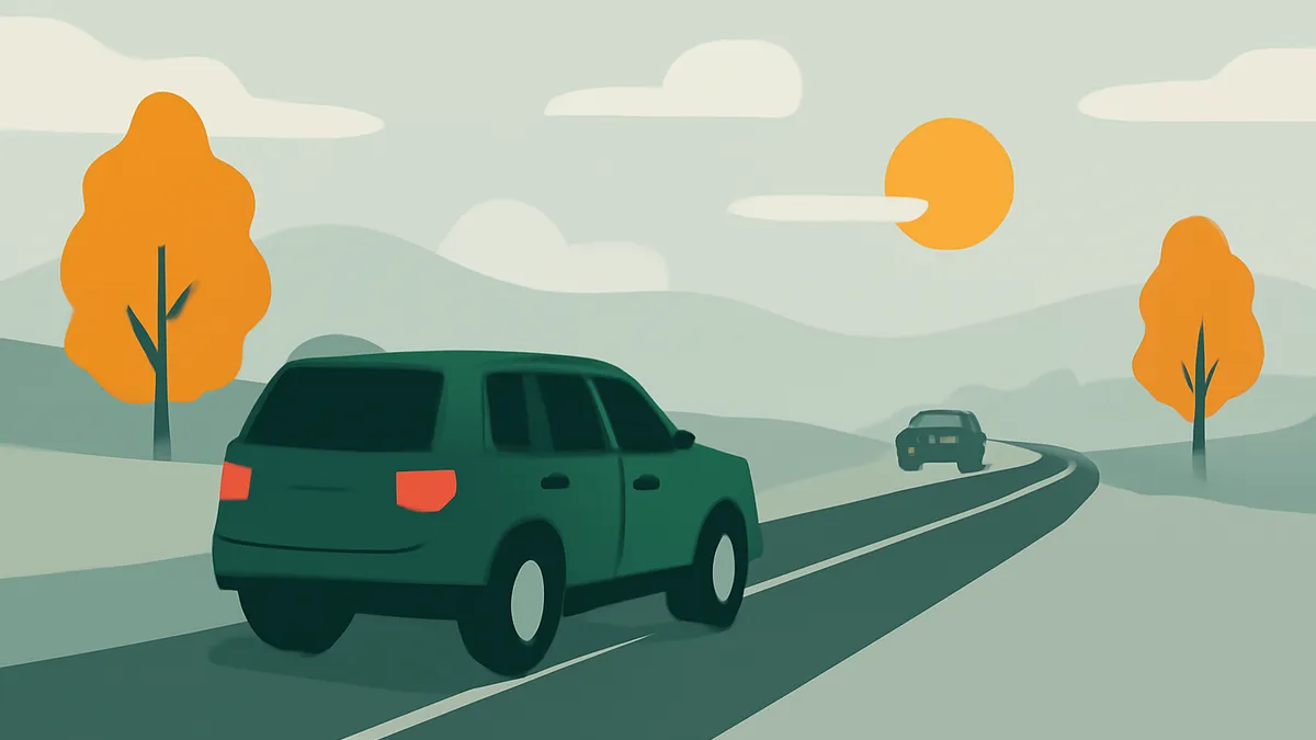 Two cars on a winding road through a hilly landscape with trees and a sun in the sky