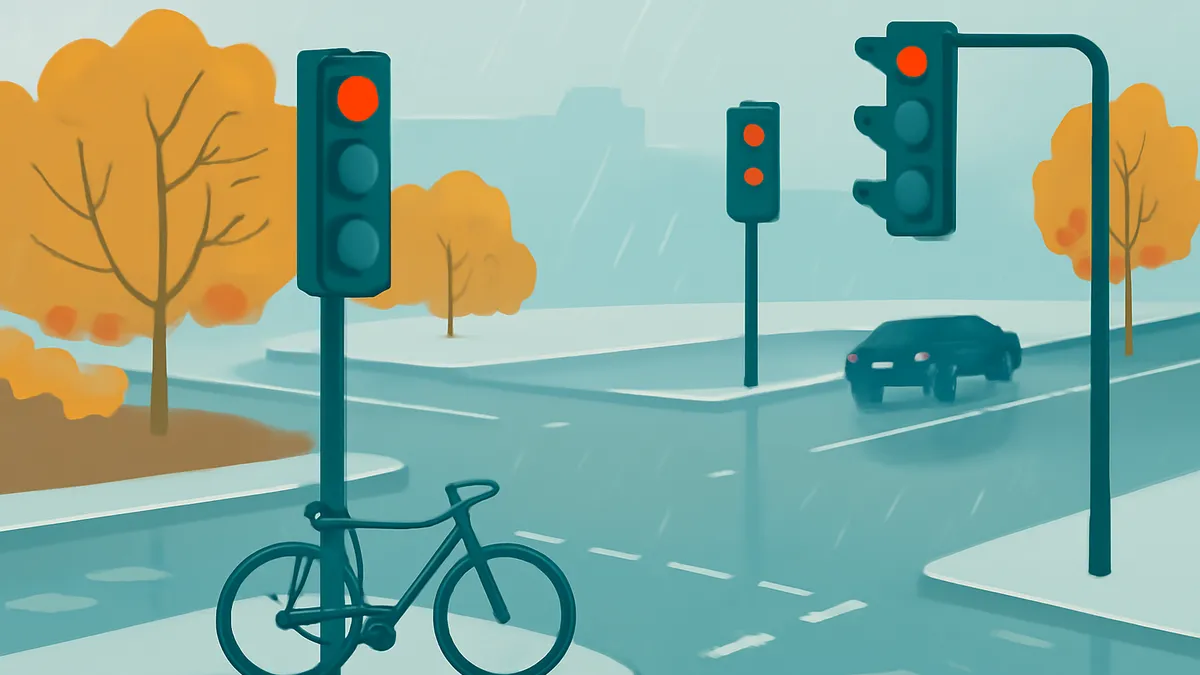 A dark car drives on a wet road with traffic lights and a bicycle in the foreground, under an overcast sky