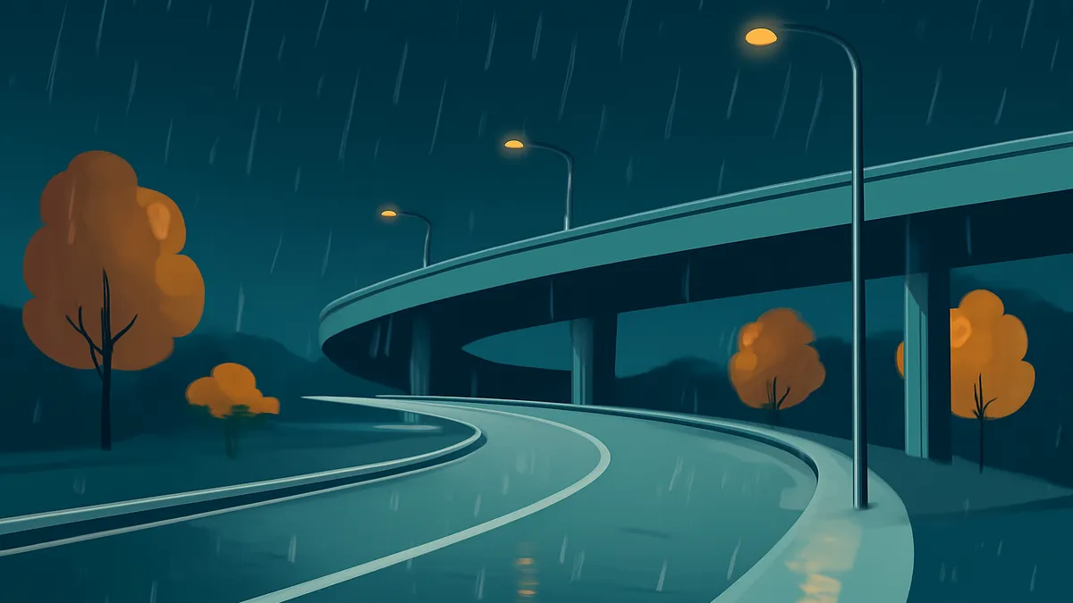 A curved highway under an overpass on a rainy night, with orange trees and streetlights
