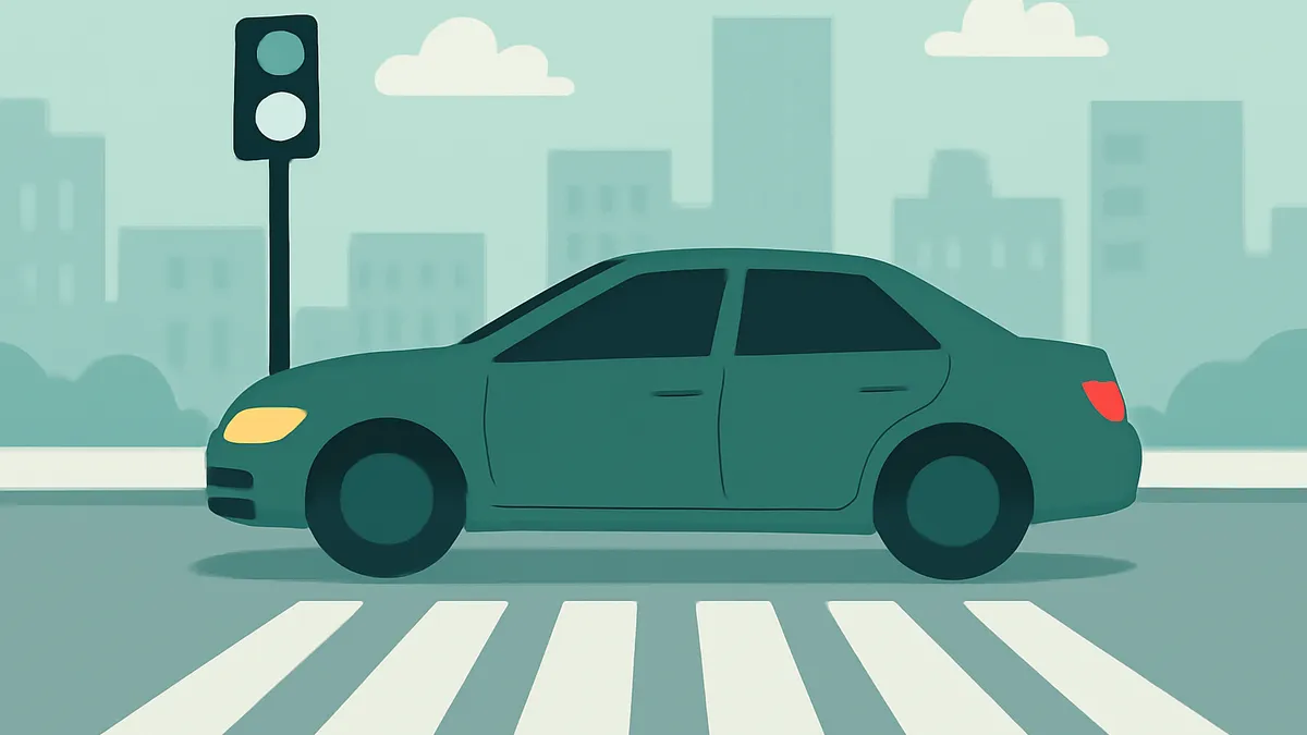 A teal car is stopped at a crosswalk with a traffic light showing green, in a city with buildings and clouds