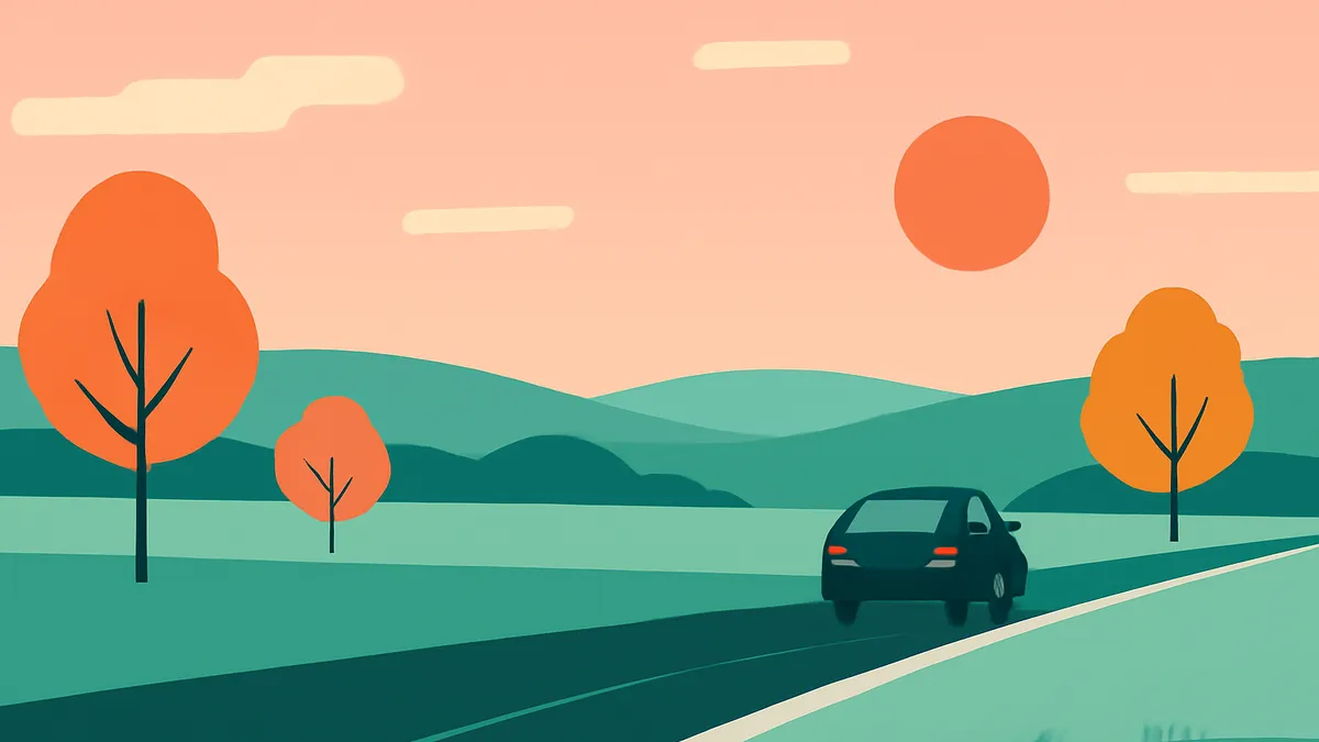 A dark car drives on a road through a landscape with green hills and orange trees under a peach sky with a large orange sun