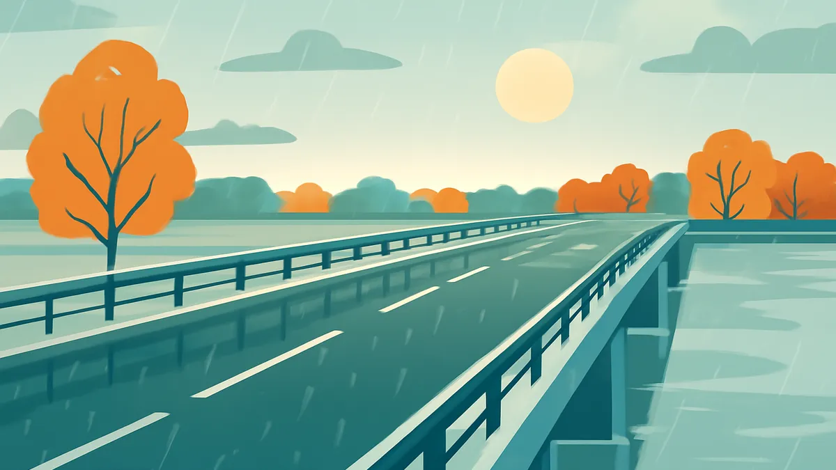 A highway bridge over water on a rainy day with orange trees and a pale sun in the sky