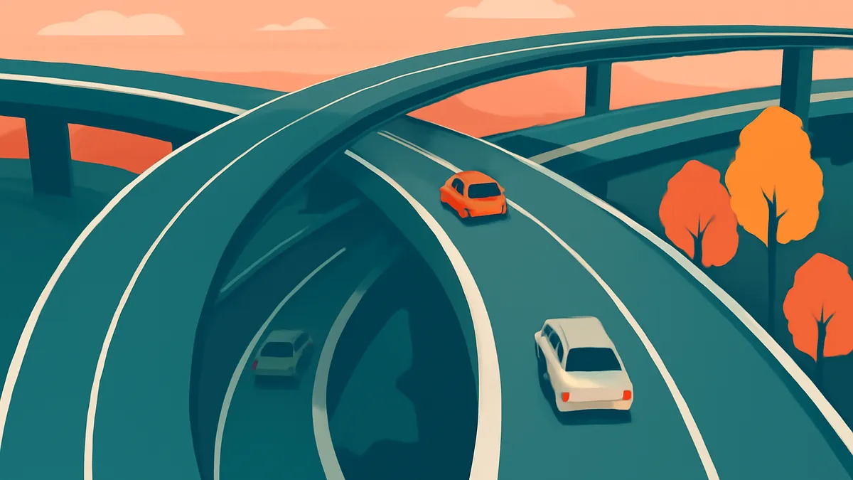 An orange car and a white car on a multi-level highway interchange with orange trees and a peach sky