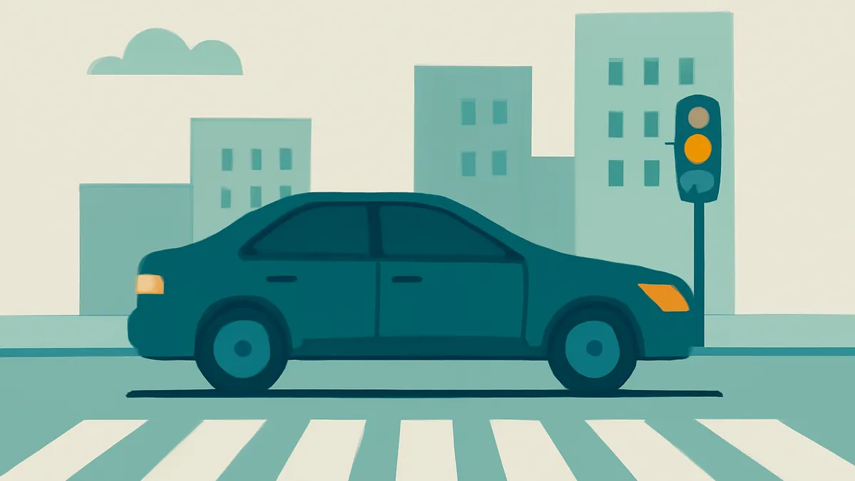 A teal car is stopped at a crosswalk with a yellow traffic light, in front of a city skyline with a cloud