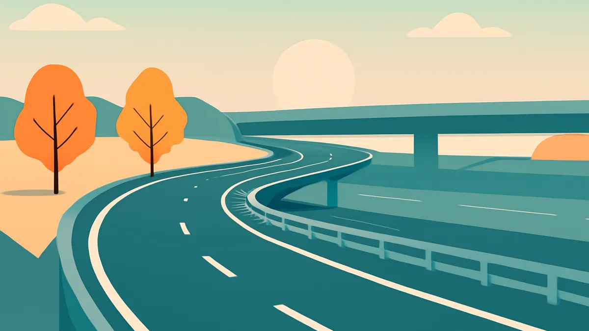 A winding highway with an overpass and two trees on the side, under a pale sky with a large sun