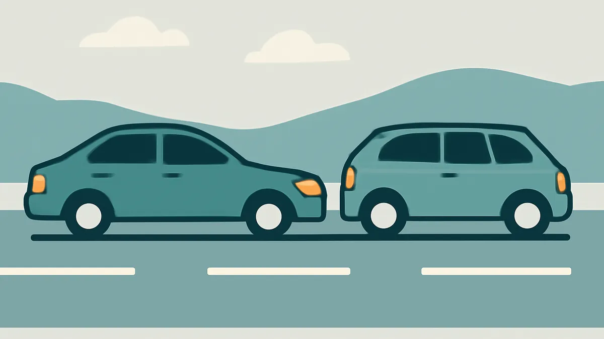 A teal sedan and a teal hatchback on a two-lane road with mountains and clouds in the background