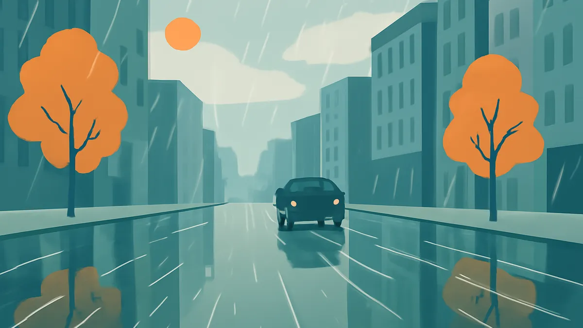 A dark car drives down a wet city street with orange trees and teal buildings under a light blue sky with a bright orange