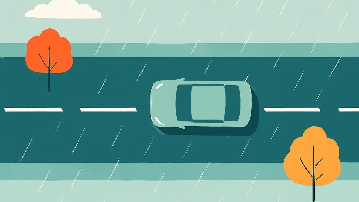 A light blue car drives on a dark blue road with white dashed lines, surrounded by light blue ground and two orange trees