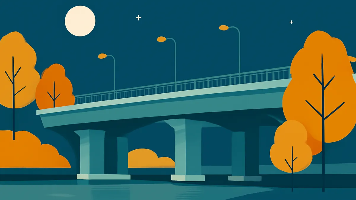 A stylized night scene with a full moon, a bridge over water, and orange trees against a dark blue sky