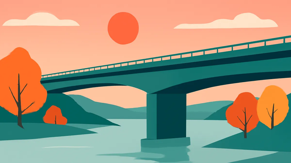 A bridge over a river with trees and hills under a sunset sky in a flat illustration style