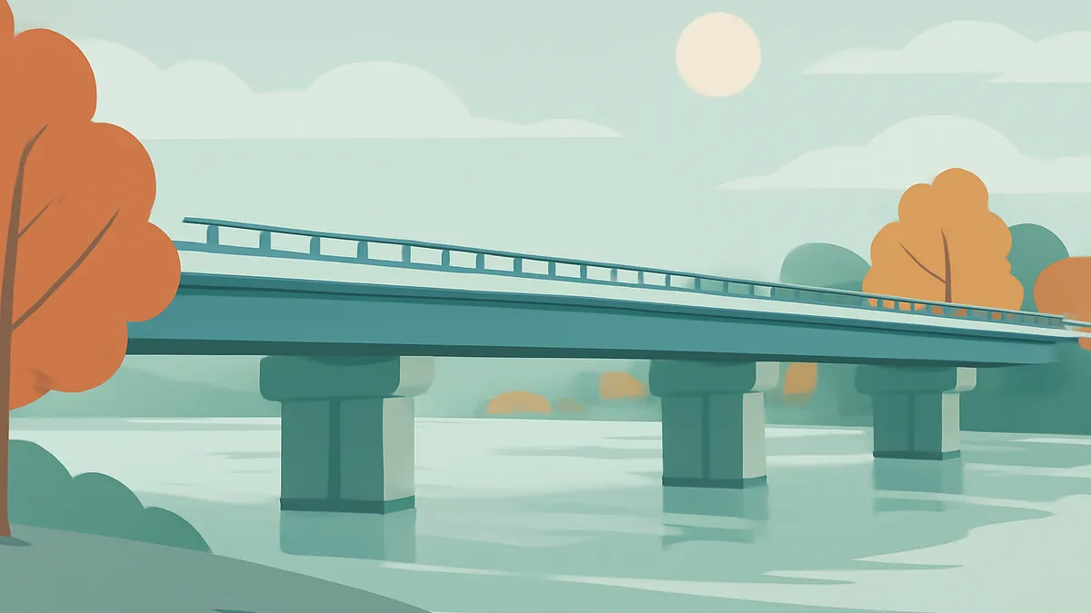 A teal bridge with railings spans a light teal river under a pale sky with clouds and a sun, with orange trees on the banks