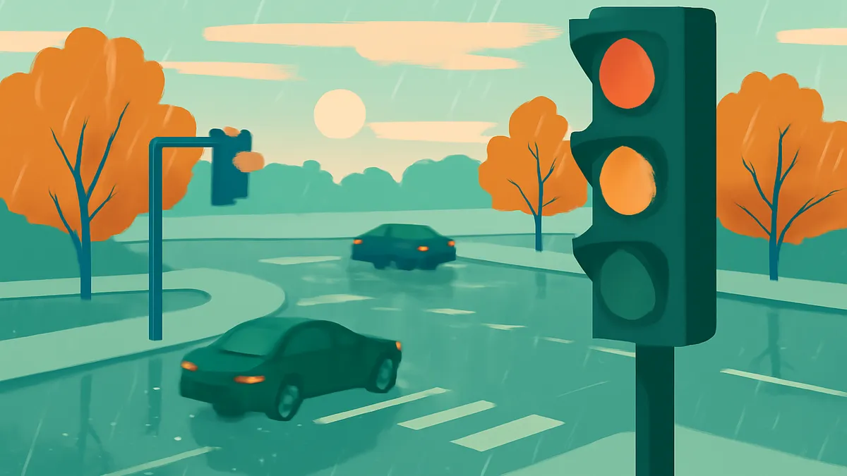 Two cars on a wet road with a traffic light showing orange and red, under a cloudy sky with a sun