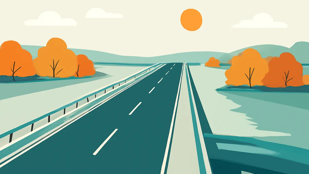 A highway with a guardrail on the left, surrounded by orange trees and a river under a light blue sky with a sun
