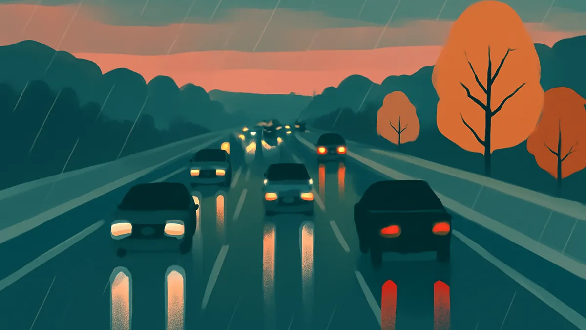 Cars on a highway in the rain at dusk, with orange trees on the side of the road