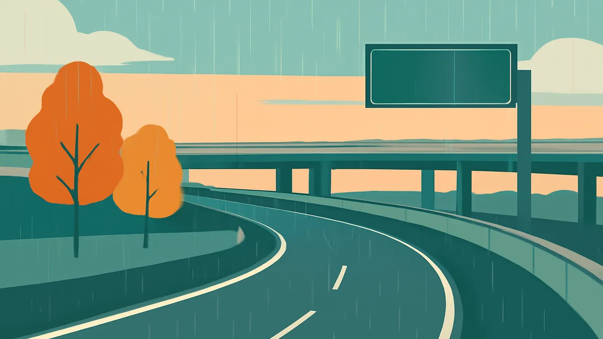 A highway overpass and a curving road in the rain, with two orange trees on the left, in flat teal and orange tones
