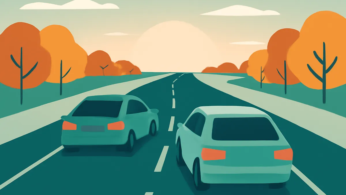 Two cars driving on a highway with trees on either side, under a sunset sky