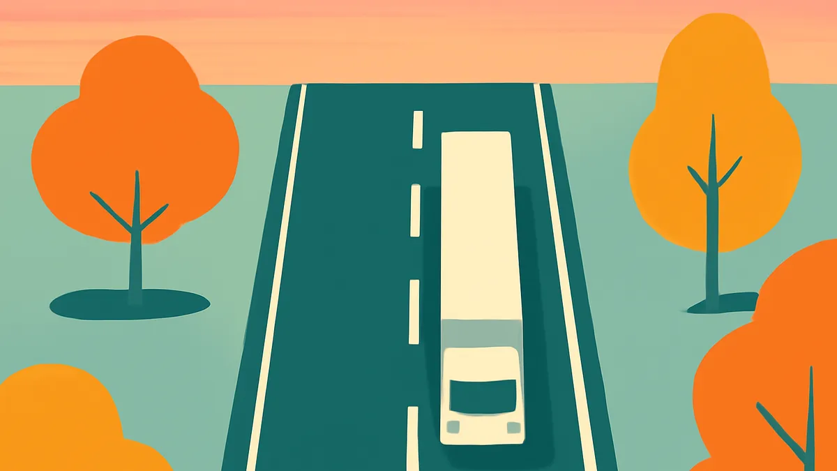 A semi-truck on a highway with trees on either side under a peach sky in a flat illustration style
