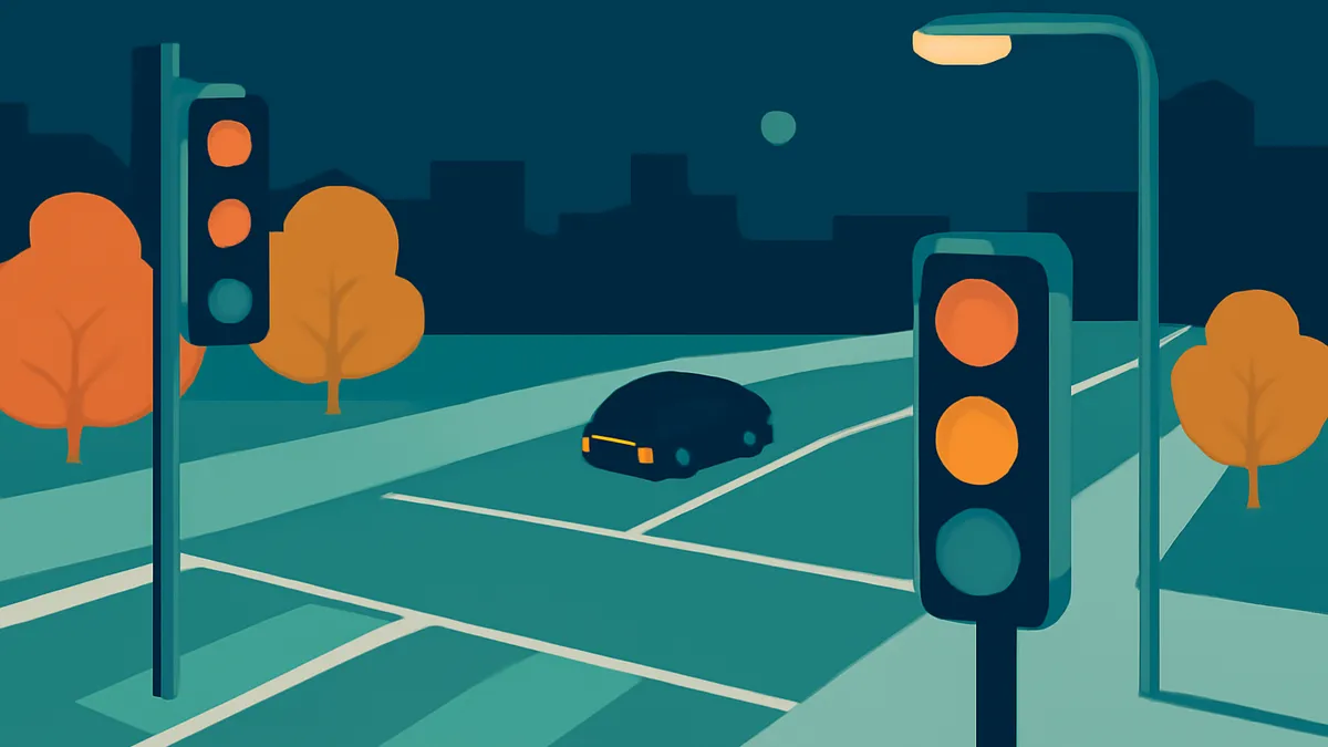 A dark blue car on a teal road at night, with two traffic lights and a street lamp, and orange trees