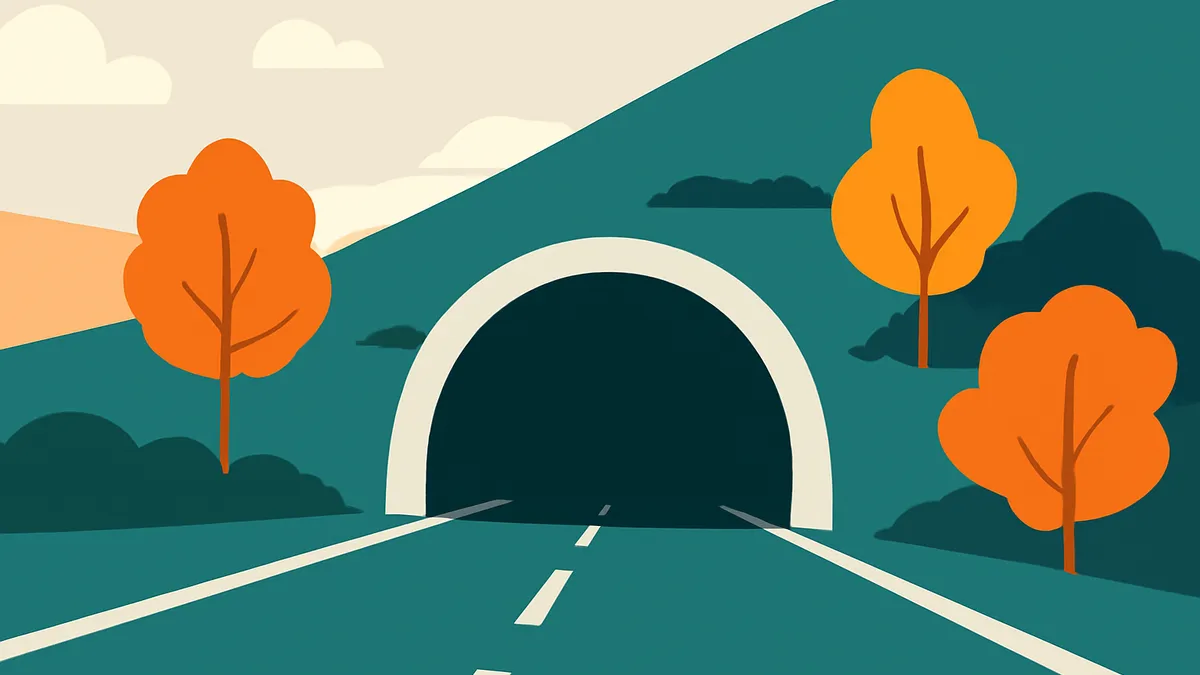 A road leading into a tunnel through a hill, with orange trees and clouds in a flat illustration style