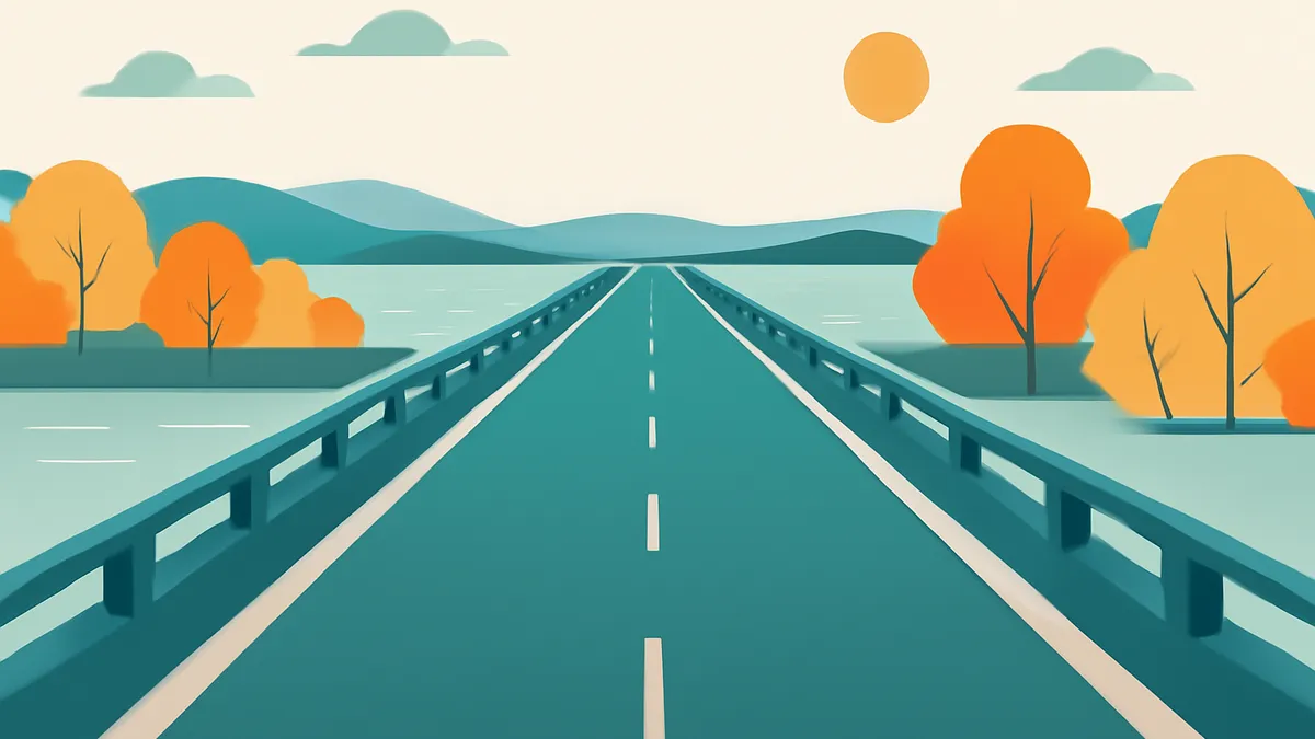 A teal highway stretches into the distance over a body of water, flanked by orange trees and blue mountains under a pale sky