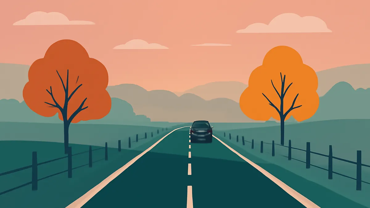 A car drives down a two-lane road with a fence and trees on either side, under a pink and orange sky